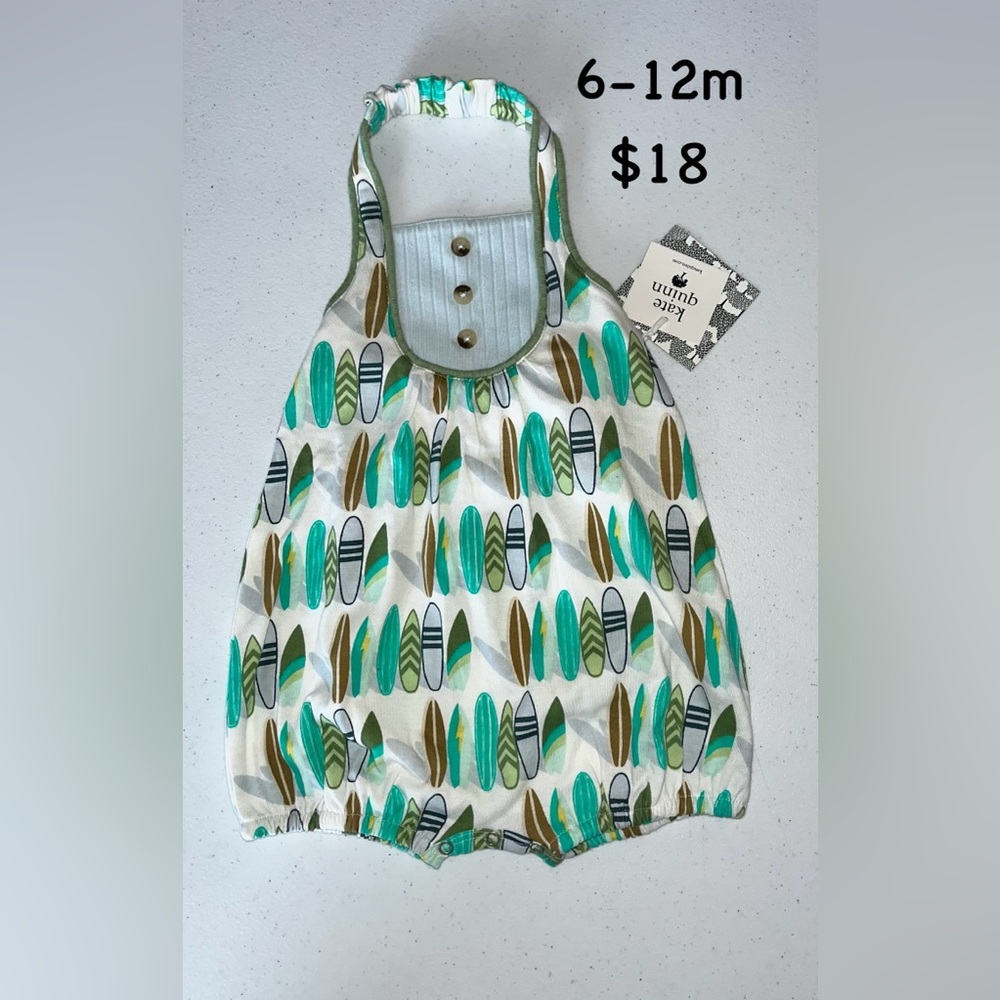NWT Kate Quinn 6-12 Months Blue/Green Surf Boards Halter Bubble Romper